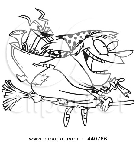 Royalty-Free (RF) Clip Art Illustration of a Cartoon Black And White Outline Design Of A Befana Witch Flying With Gifts by toonaday