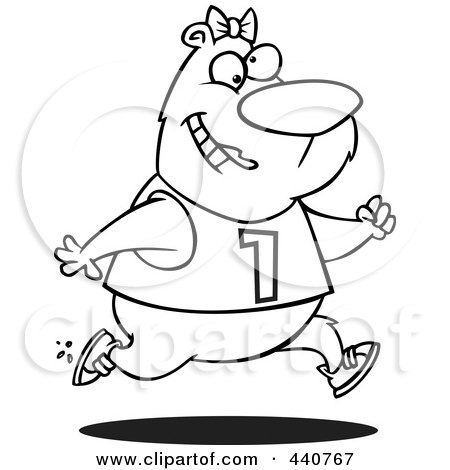 Royalty-Free (RF) Clip Art Illustration of a Cartoon Black And White Outline Design Of A Female Bear Jogging by toonaday