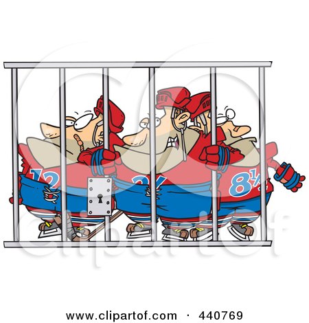 Royalty-Free (RF) Clip Art Illustration of a Cartoon Team Of Hockey Players Behind Bars by toonaday
