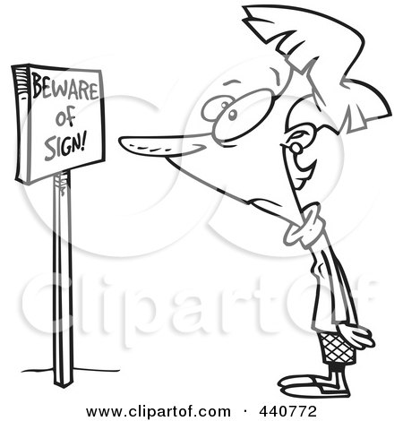 Royalty-Free (RF) Clip Art Illustration of a Cartoon Black And White Outline Design Of A Woman Staring At Beware Of Sign Text On A Board by toonaday