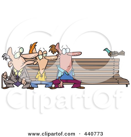 Royalty-Free (RF) Clip Art Illustration of Three Men Watching A Bird On A Bench by toonaday
