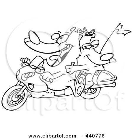 Royalty-Free (RF) Clip Art Illustration of a Cartoon Black And White Outline Design Of A Bear Couple On A Motorcycle by toonaday