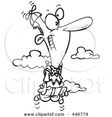 Royalty-Free (RF) Clip Art Illustration of a Cartoon Black And White Outline Design Of A Happy Man Wearing A Flying Beanie Hat by toonaday