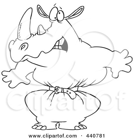 Royalty-Free (RF) Clip Art Illustration of a Cartoon Black And White Outline Design Of A Rhino Wearing A Tight Belt by toonaday