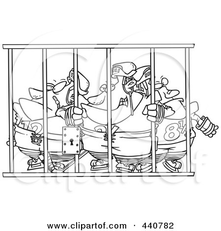 Royalty-Free (RF) Clip Art Illustration of a Cartoon Black And White Outline Design Of A Team Of Hockey Players Behind Bars by toonaday