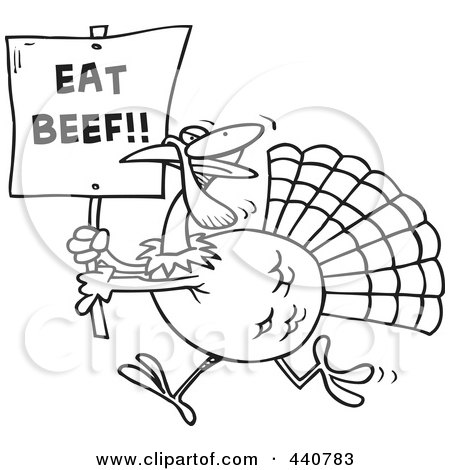 Royalty-Free (RF) Clip Art Illustration of a Cartoon Black And White Outline Design Of A Turkey With An Eat Beef Sign by toonaday