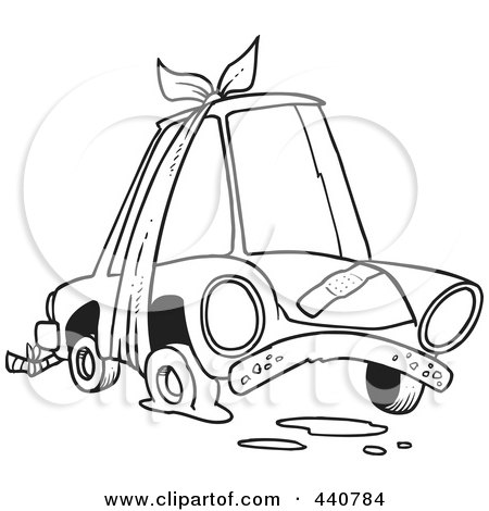 Royalty-Free (RF) Clip Art Illustration of a Cartoon Black And White Outline Design Of A Beater Car With Bandages And Flat Tire by toonaday