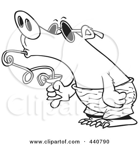 Royalty-Free (RF) Clip Art Illustration of a Cartoon Black And White Outline Design Of A Summer Bear Drinking A Beverage Through A Twisty Straw by toonaday