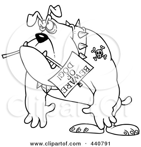 Royalty-Free (RF) Clip Art Illustration of a Cartoon Black And White Outline Design Of A Bulldog Carrying A Beware Of Dog Sign by toonaday