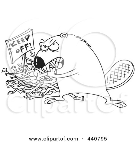 Royalty-Free (RF) Clip Art Illustration of a Cartoon Black And White Outline Design Of A Defensive Beaver Guarding His Stick Pile by toonaday
