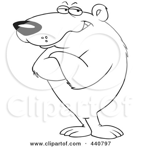Royalty-Free (RF) Clip Art Illustration of a Cartoon Black And White Outline Design Of A Bear Standing With Folded Arms by toonaday