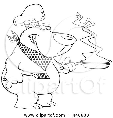Royalty-Free (RF) Clip Art Illustration of a Cartoon Black And White Outline Design Of A Bear Chef Holding A Frying Pan by toonaday
