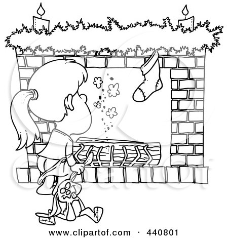 Royalty-Free (RF) Clip Art Illustration of a Cartoon Black And White Outline Design Of A Christmas Girl Waiting For Santa At The Fire Place by toonaday