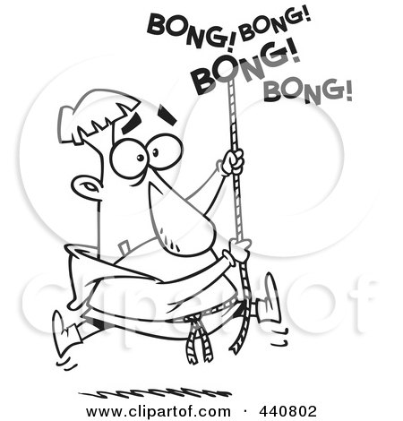 Royalty-Free (RF) Clip Art Illustration of a Cartoon Black And White Outline Design Of A Bell Ringer Man Holding Onto A Rope by toonaday
