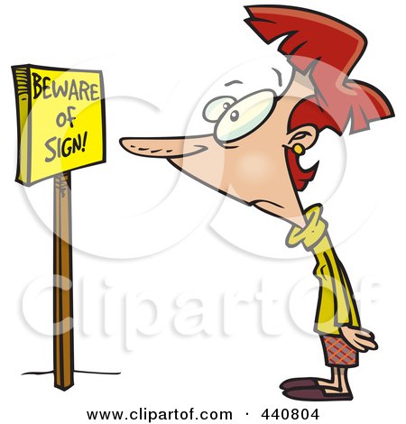 Royalty-Free (RF) Clip Art Illustration of a Cartoon Woman Staring At Beware Of Sign Text On A Board by toonaday