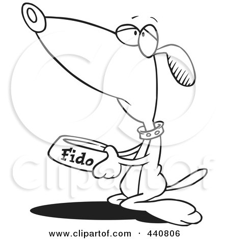 Royalty-Free (RF) Clip Art Illustration of a Cartoon Black And White Outline Design Of A Hungry Dog Begging For Food by toonaday