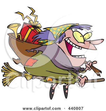 Royalty-Free (RF) Clip Art Illustration of a Cartoon Befana Witch Flying With Gifts by toonaday