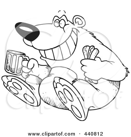 Royalty-Free (RF) Clip Art Illustration of a Cartoon Black And White Outline Design Of A Bear Sitting With A Hot Dog And Beer by toonaday