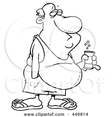Royalty-Free (RF) Clip Art Illustration of a Cartoon Black And White Outline Design Of A Man With A Beer Belly And Canned Beverage by toonaday