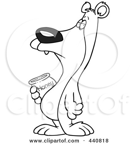 Royalty-Free (RF) Clip Art Illustration of a Cartoon Black And White Outline Design Of A Bear Carrying A Honey Jar by toonaday