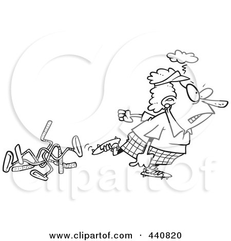 Royalty-Free (RF) Clip Art Illustration of a Cartoon Black And White Outline Design Of A Mad Female Golfer Walking Away From Bent Clubs by toonaday