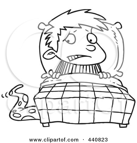 Royalty-Free (RF) Clip Art Illustration of a Cartoon Black And White Outline Design Of A Scared Boy Seeing A Monster Emerging From Under The Bed by toonaday