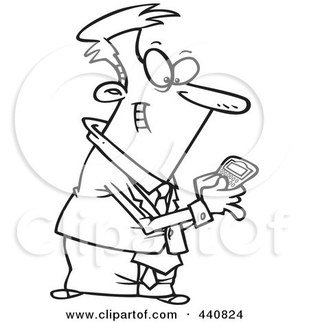 Royalty-Free (RF) Clip Art Illustration of a Cartoon Black And White Outline Design Of A Businessman Using A Smart Phone by toonaday