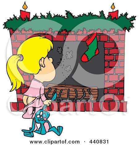 Royalty-Free (RF) Clip Art Illustration of a Cartoon Christmas Girl Waiting For Santa At The Fire Place by toonaday