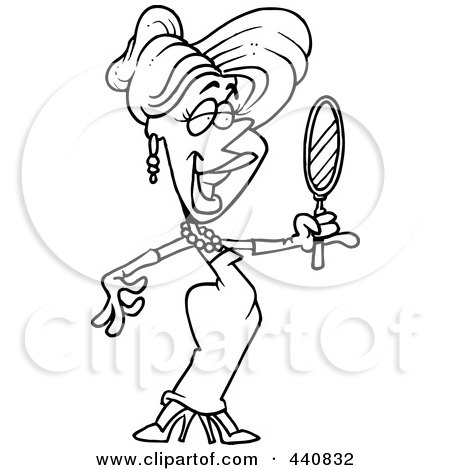 Royalty-Free (RF) Clip Art Illustration of a Cartoon Black And White Outline Design Of A Beautiful Woman Using A Hand Mirror by toonaday