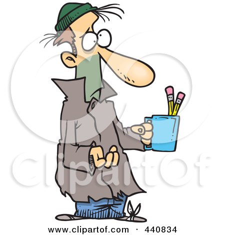 Royalty-Free (RF) Clip Art Illustration of a Cartoon Poor Man Begging With A Pencil Cup by toonaday