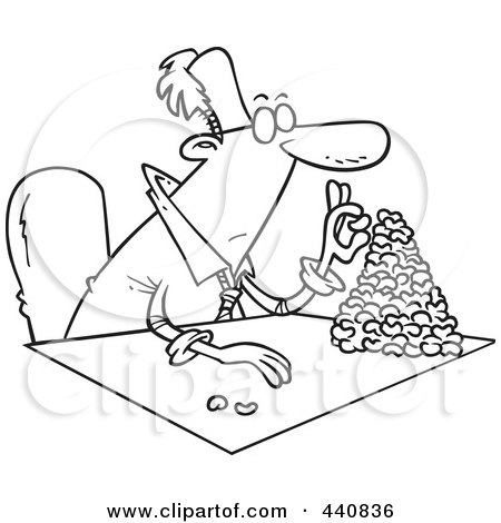 Royalty-Free (RF) Clip Art Illustration of a Cartoon Black And White Outline Design Of A Businessman Counting His Beans by toonaday