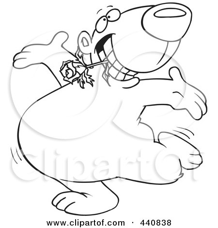 Royalty-Free (RF) Clip Art Illustration of a Cartoon Black And White Outline Design Of A Bear Dancing With A Flower In His Teeth by toonaday