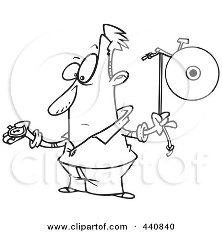 Royalty-Free (RF) Clip Art Illustration of a Cartoon Black And White Outline Design Of A Man Waiting To Ring A Bell by toonaday