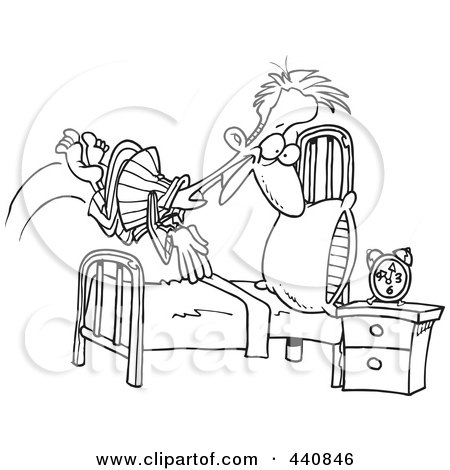 Royalty-Free (RF) Clip Art Illustration of a Cartoon Black And White Outline Design Of A Man Diving Into Bed by toonaday