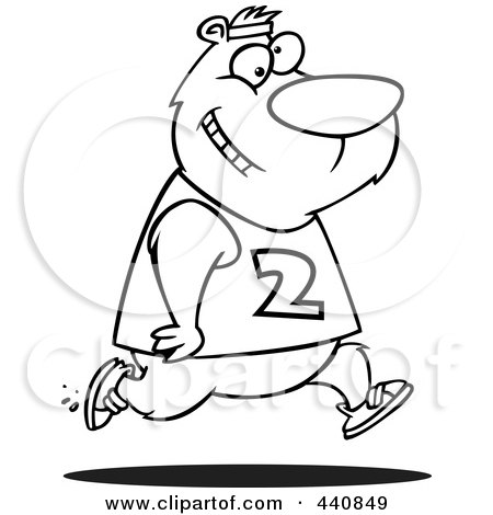 Royalty-Free (RF) Clip Art Illustration of a Cartoon Black And White Outline Design Of A Male Bear Jogging by toonaday
