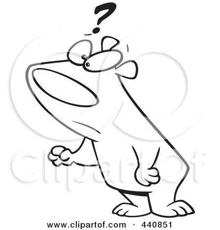 Royalty-Free (RF) Clip Art Illustration of a Cartoon Black And White Outline Design Of A Bear With A Question by toonaday