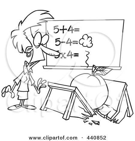 Royalty-Free (RF) Clip Art Illustration of a Cartoon Black And White Outline Design Of A Big Apple Crushing A Teacher's Desk by toonaday