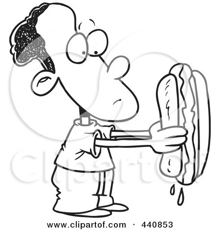 Royalty-Free (RF) Clip Art Illustration of a Cartoon Black And White Outline Design Of A Black Boy Holding A Big Hot Dog by toonaday
