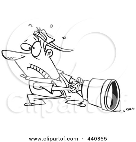 Royalty-Free (RF) Clip Art Illustration of a Cartoon Black And White Outline Design Of A Man Pulling A Big Lens by toonaday
