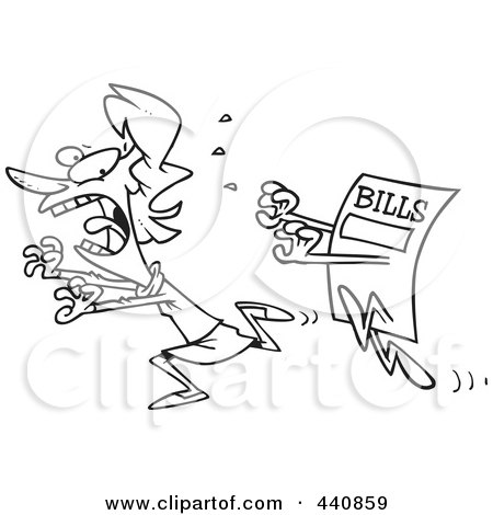 Royalty-Free (RF) Clip Art Illustration of a Cartoon Black And White Outline Design Of A Bill Chasing A Woman by toonaday