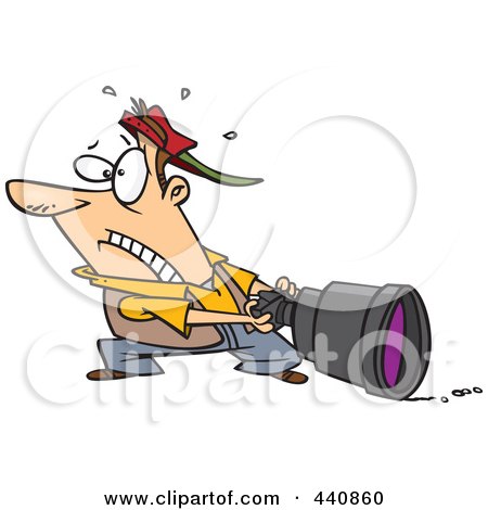 Royalty-Free (RF) Clip Art Illustration of a Cartoon Man Pulling A Big Lens by toonaday