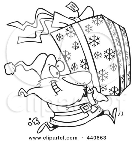 Royalty-Free (RF) Clip Art Illustration of a Cartoon Black And White Outline Design Of Santa Running And Carrying A Large Gift by toonaday