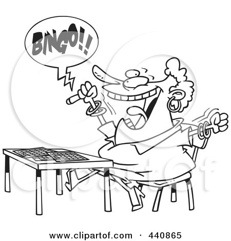 Royalty-Free (RF) Clip Art Illustration of a Cartoon Black And White Outline Design Of A Woman Shouting Bingo by toonaday