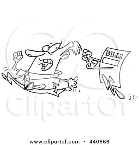 Royalty-Free (RF) Clip Art Illustration of a Cartoon Black And White Outline Design Of A Bill Chasing A Man by toonaday