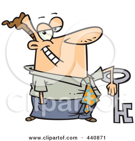 Royalty-Free (RF) Clip Art Illustration of a Cartoon Businessman Leaning On A Big Key by toonaday