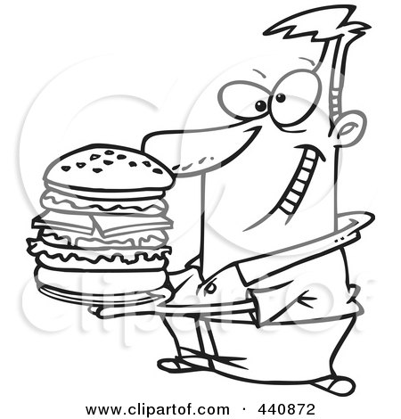 Royalty-Free (RF) Clip Art Illustration of a Cartoon Black And White Outline Design Of A Man Holding A Big Burger by toonaday