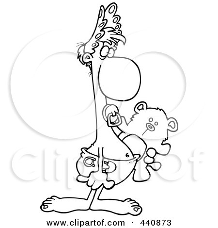 Royalty-Free (RF) Clip Art Illustration of a Cartoon Black And White Outline Design Of An Adult Baby Carrying A Teddy Bear by toonaday