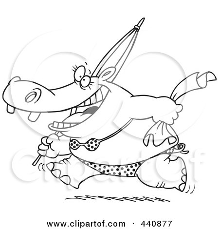 Royalty-Free (RF) Clip Art Illustration of a Cartoon Black And White Outline Design Of A Summer Hippo Running In A Bikini On A Beach by toonaday