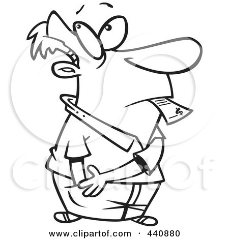 Royalty-Free (RF) Clip Art Illustration of a Cartoon Black And White Outline Design Of A Man Reaching In His Pocket To Pay A Bill by toonaday