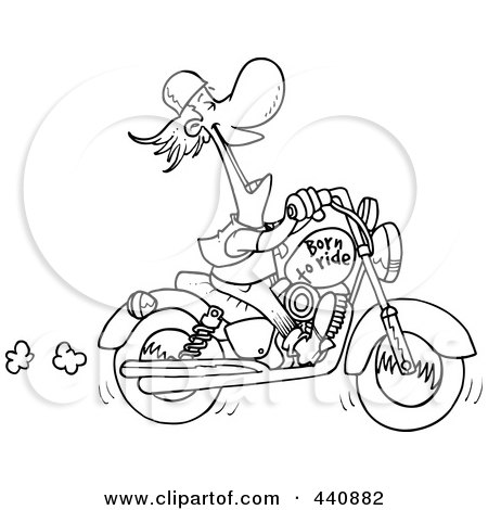 Royalty-Free (RF) Clip Art Illustration of a Cartoon Black And White Outline Design Of A Biker Laughing On His Motorcycle by toonaday